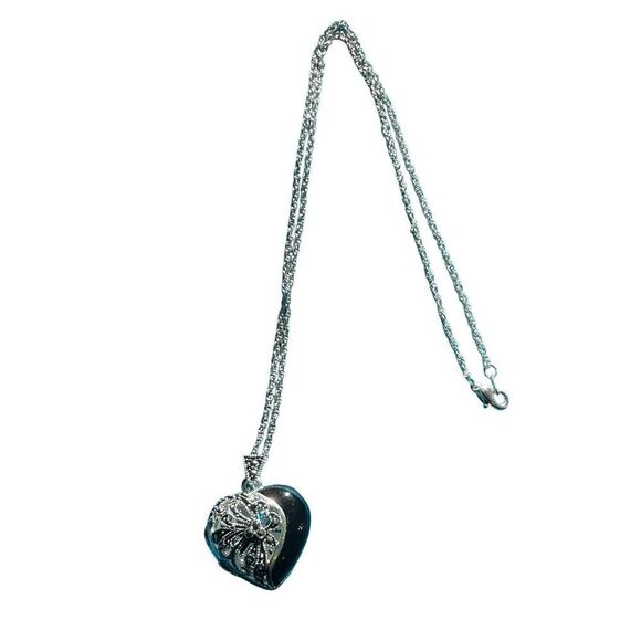 Marcasite Sterling Heart Locket Necklace - Picture 4 of 15
